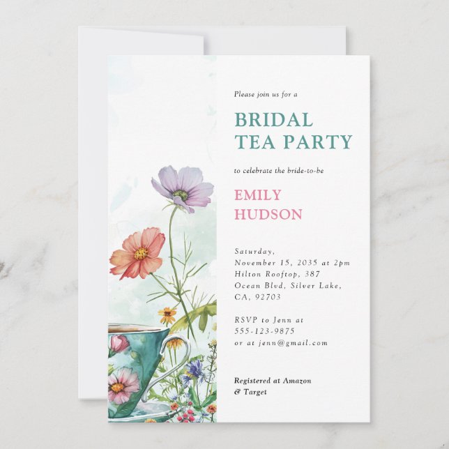Fiesta de té floral Invitación a ducha de novia (Anverso)