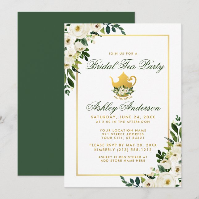 Fiesta de té nupcial Floral Green Gold Invitación  (Anverso / Reverso)