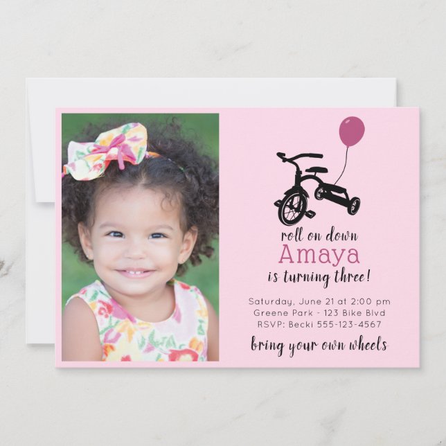 Fiesta de triciclo rosado, invitación para fiesta  (Anverso)