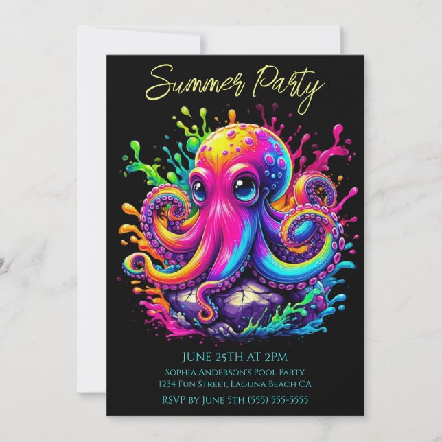 Fiesta de verano - Colorida Invitación de pulpo a  (Anverso)