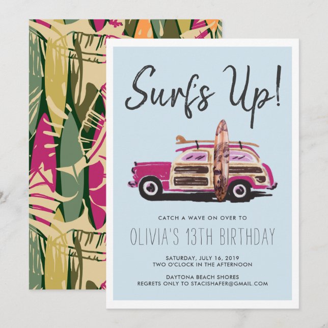 Fiesta de verano surf | Invitación a un coche rosa (Anverso / Reverso)
