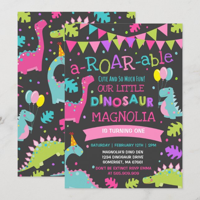 Fiesta del dinosaurio del chica de la invitación (Anverso / Reverso)
