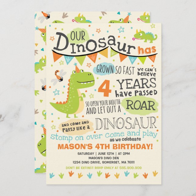 Fiesta del rugido del dinosaurio de la invitación (Anverso / Reverso)