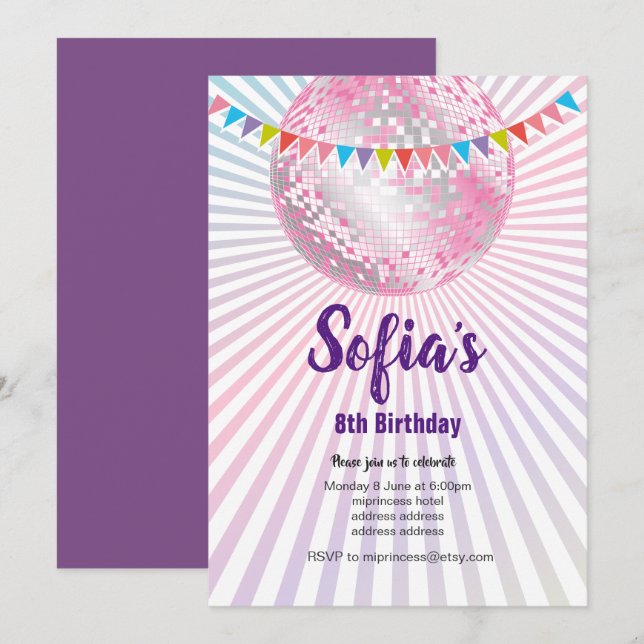fiesta disco, purpurina, baile, invitación a fiest (Anverso / Reverso)