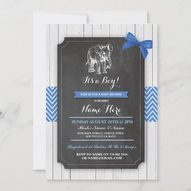 Fiesta elefante azul Baby Shower invitación a la m (Anverso)