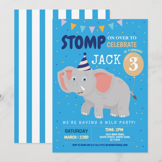 Fiesta elefante niños cumpleaños Invitación divert (Anverso / Reverso)
