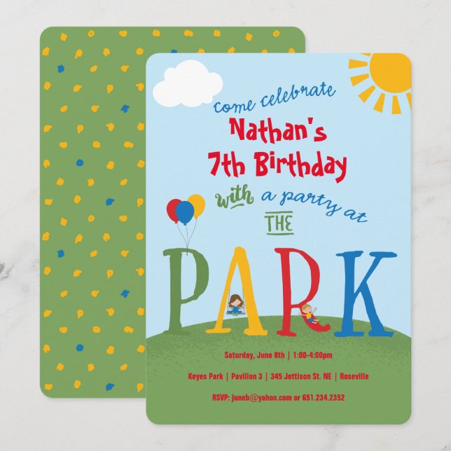 Fiesta en la invitación de cumpleaños de Park (Anverso / Reverso)