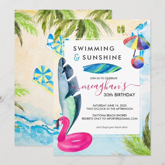 Fiesta en la Playa | Invitación de Cumpleaños de V (Anverso / Reverso)