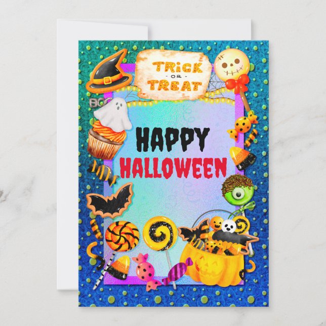 Fiesta feliz de Halloween llena de truco o trato (Anverso)