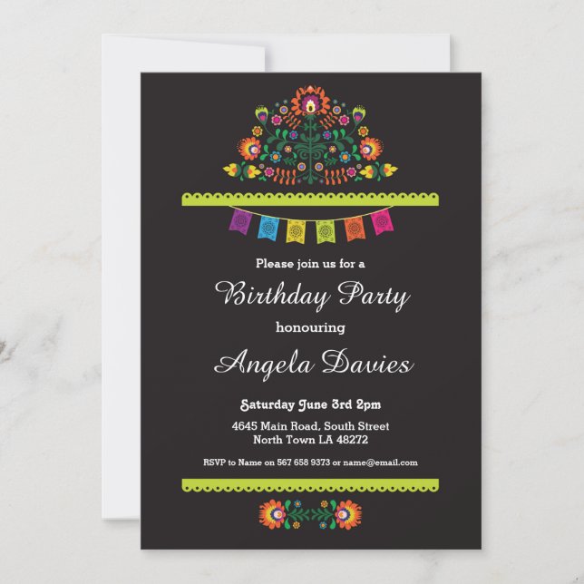 Fiesta fiesta de cumpleaños invitación patrón mexi (Anverso)