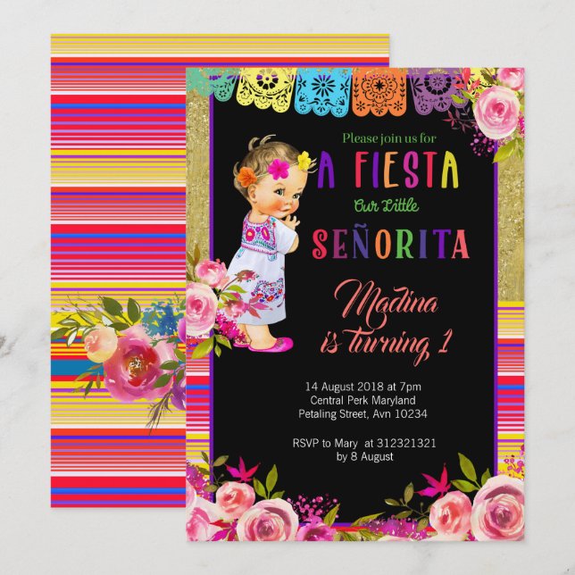 Fiesta Floral 1ª invitación de cumpleaños (Anverso / Reverso)