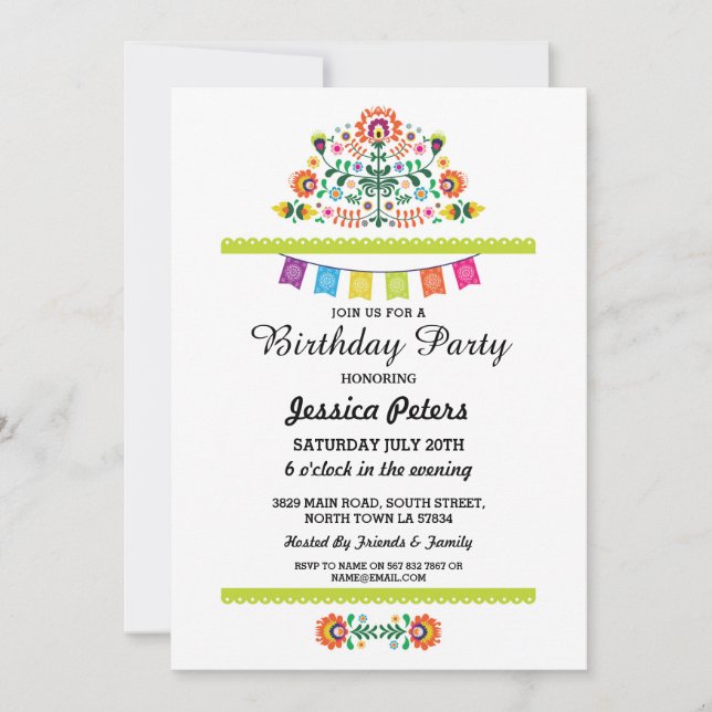 Fiesta Floral Fiesta de Cumpleaños Invitación Mexi (Anverso)