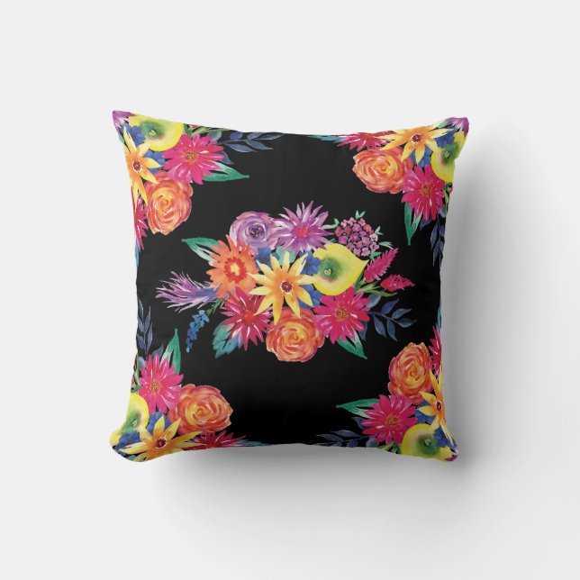 Fiesta floral negra Cojín decorativo de flores mex (Anverso)