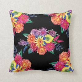 Fiesta floral negra Cojín decorativo de flores mex