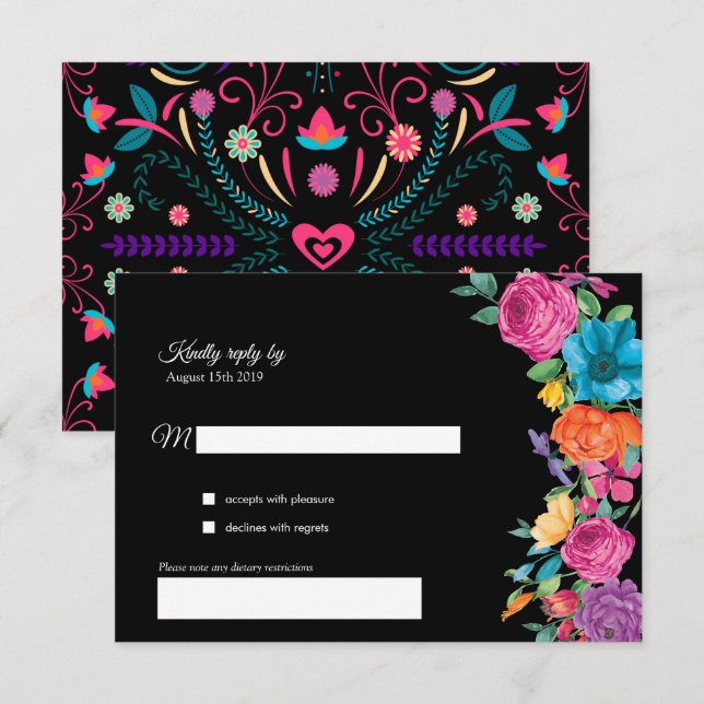 Fiesta Flores y tarjeta RSVP de bordado mexicano (Anverso / Reverso)
