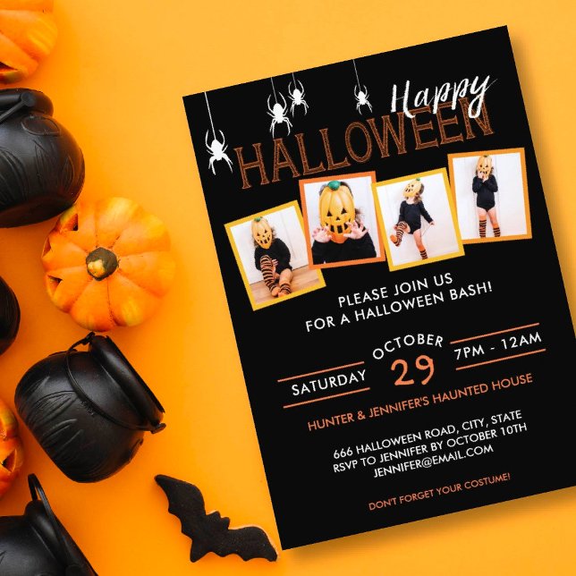 Fiesta Halloween 4 Photo Spiders | Invitación Fies (Invite your friends to a Halloween bash, or Halloween baby shower or birthday party with this design)