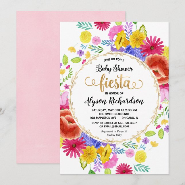 Fiesta invitación a la ducha de bebé, acuarelas fl (Anverso / Reverso)