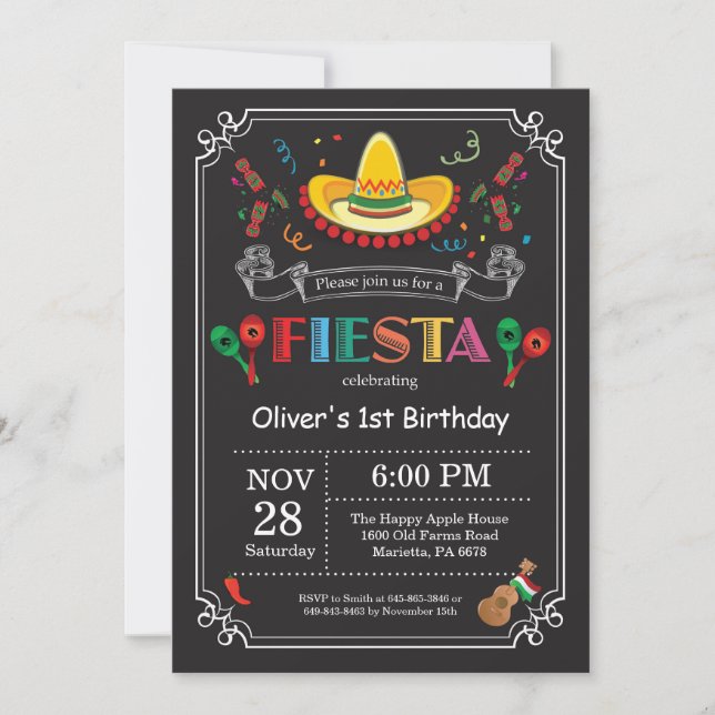 Fiesta Invitación de cumpleaños Chalkboard México (Anverso)