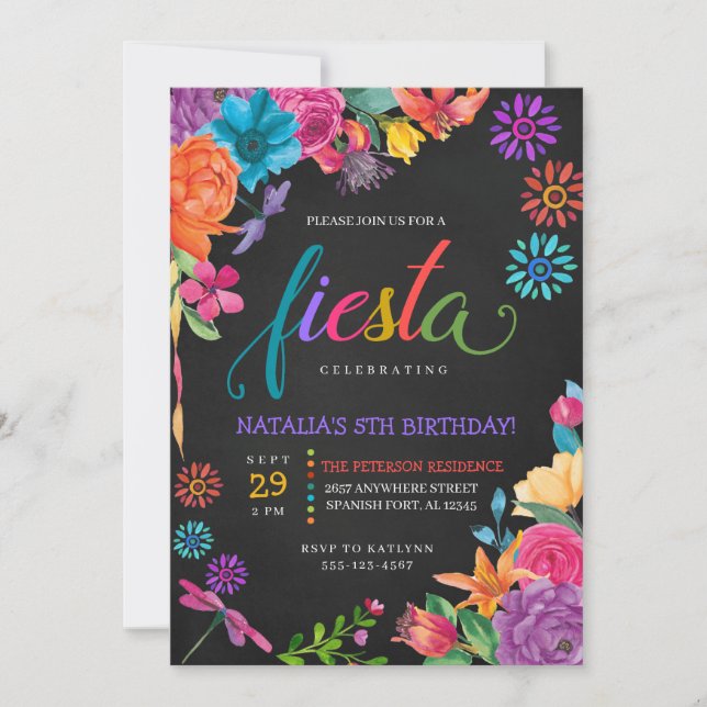 Fiesta Invitación de cumpleaños floral mexicana (Anverso)
