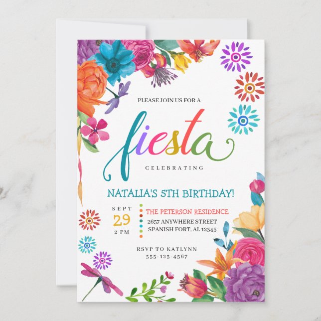 Fiesta Invitación de cumpleaños floral mexicana (Anverso)
