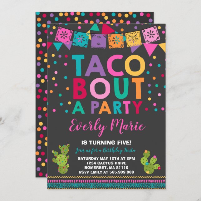 Fiesta Invitación de cumpleaños Taco sobre un Fies (Anverso / Reverso)