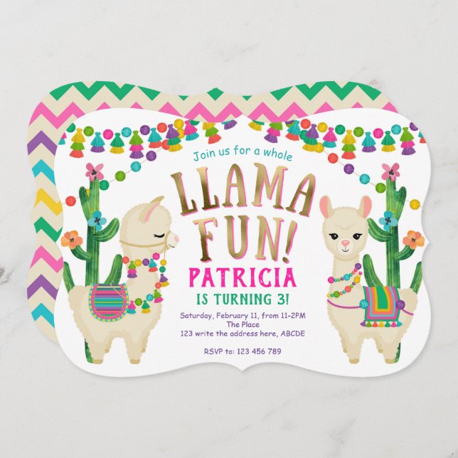 Fiesta Llama Fun cumpleaños Invitación (Anverso / Reverso)