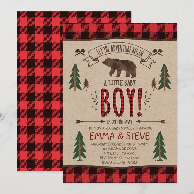 Fiesta Lumberjack Baby Shower Invitación Lumberjac (Anverso / Reverso)