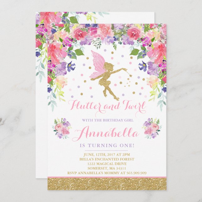 Fiesta mágico caprichoso de la invitación de hadas (Anverso / Reverso)