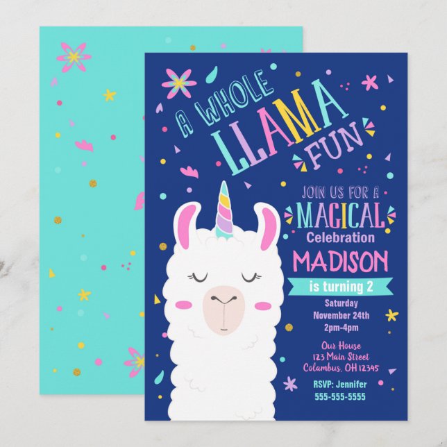 Fiesta mágico de la invitación al cumpleaños Llama (Anverso / Reverso)