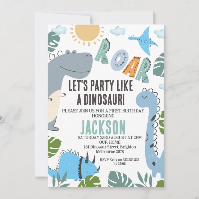 Fiesta moderno de dinosaurios roares Invitación de (Anverso)