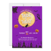 Fiesta morada de Halloween con invitación de truco
