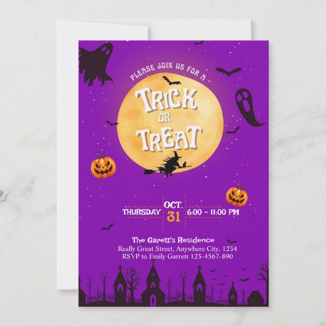 Fiesta morada de Halloween con invitación de truco (Anverso)