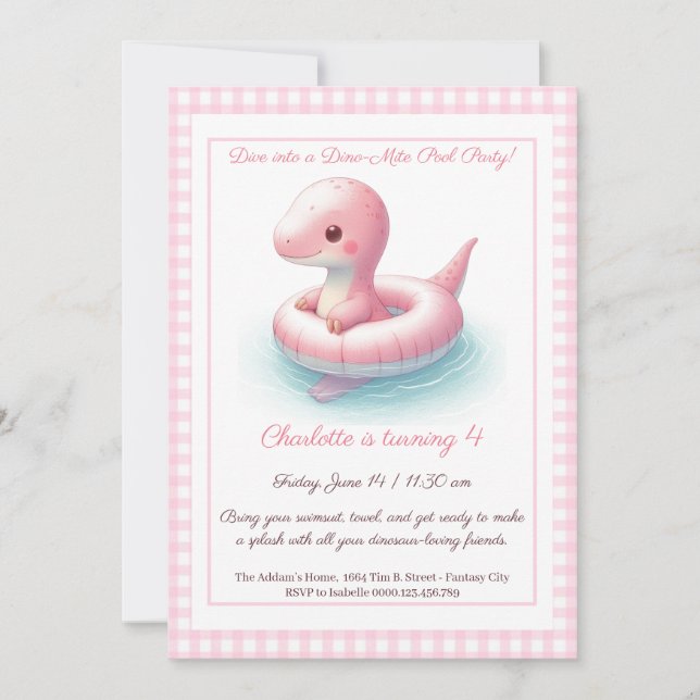 Fiesta Pink Dino Pool - Invitación de cumpleaños (Anverso)