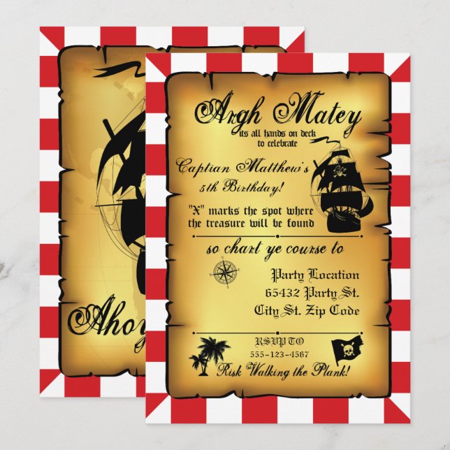 Fiesta Pirata Vintage, Invitación de Cumpleaños. (Anverso / Reverso)
