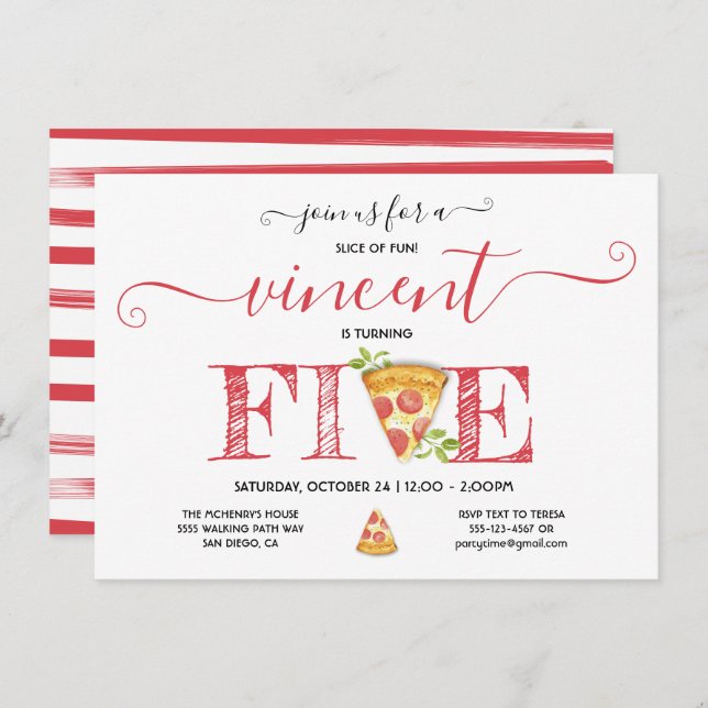Fiesta Pizza 5º cumpleaños Invitación moderna (Anverso / Reverso)