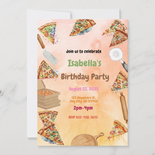 Fiesta Pizza Bash: Invitación de cumpleaños divert (Anverso)