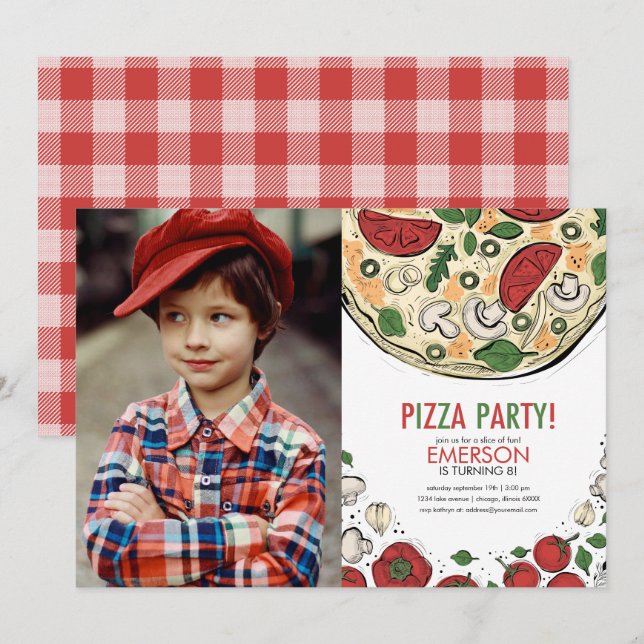 Fiesta Pizza Invitación a la foto de cumpleaños (Anverso / Reverso)