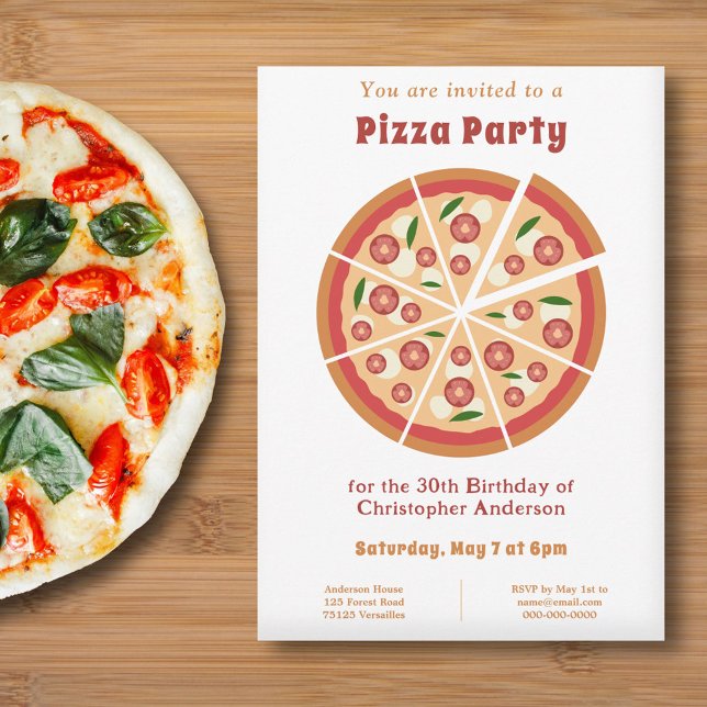 Fiesta Pizza Invitación blanca de cumpleaños (Pizza Party Invitation)