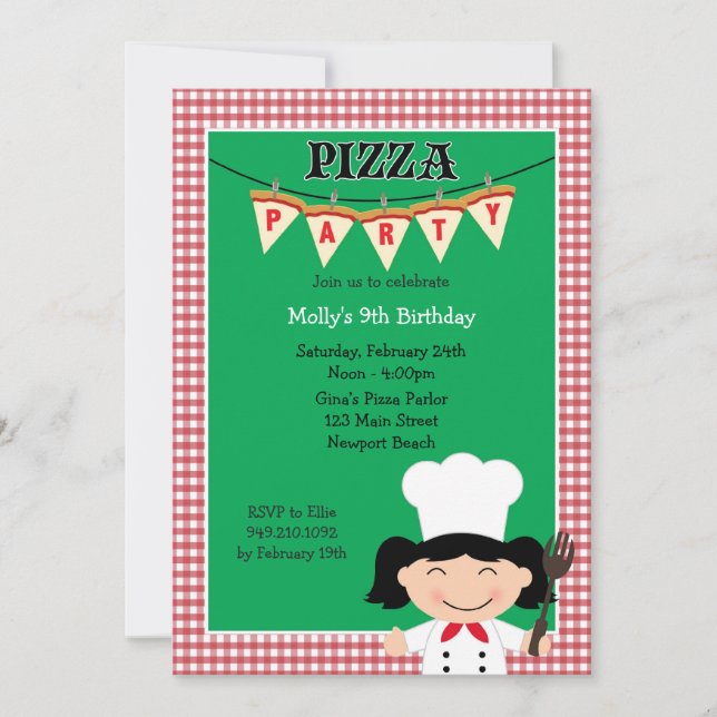 Fiesta Pizza Invitación de cumpleaños para Chica (Anverso)