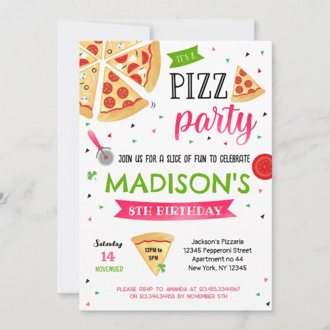 Fiesta Pizza Invitaciones de cumpleaños para chica (Anverso)