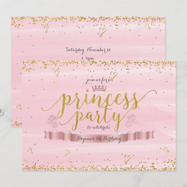 Fiesta Princesa Rosa e Invitaciones de Cumpleaños  (Anverso / Reverso)