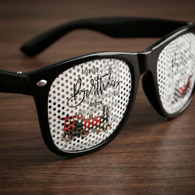 Fiesta Retro Gafas personalizadas de cumpleaños del tren rojo (All aboard for a fun birthday look.)