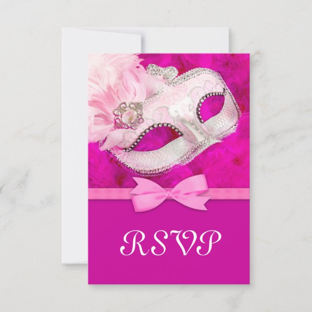 Fiesta RSVP de mascarada de plumas rosadas calient (Anverso)