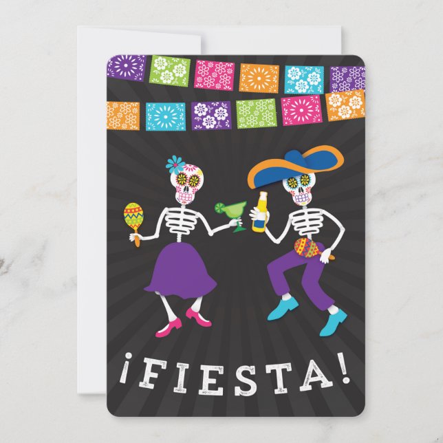 Fiesta Skulls Party Invitación con pancartas (Anverso)