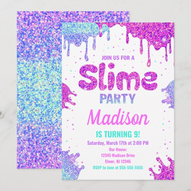 Fiesta Slime Purpurina de la invitación de cumplea (Anverso / Reverso)