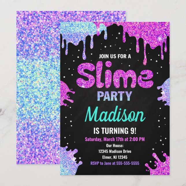Fiesta Slime Purpurina de la invitación de cumplea (Anverso / Reverso)