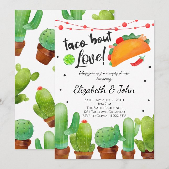 Fiesta Taco Bout Love Watercolor Cactus Invitación (Anverso / Reverso)