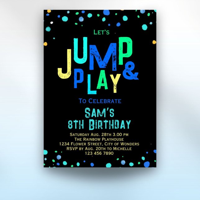 Fiesta Trampoline Birthday Invitación Salto Jugar (Trampoline Birthday Invitation Jump Play Party Boys neon birthday party invitation)