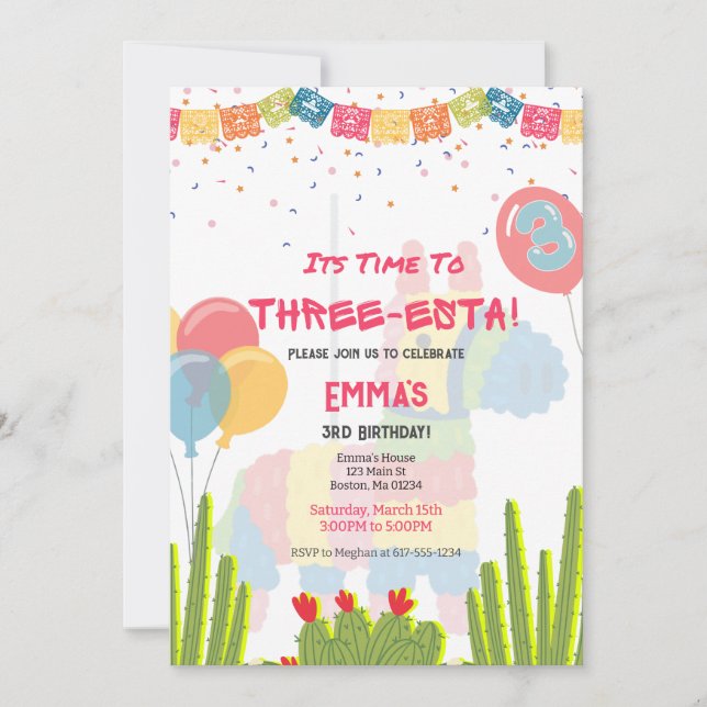 Fiesta Tres-Esta Invitación de Cumpleaños Chica (Anverso)