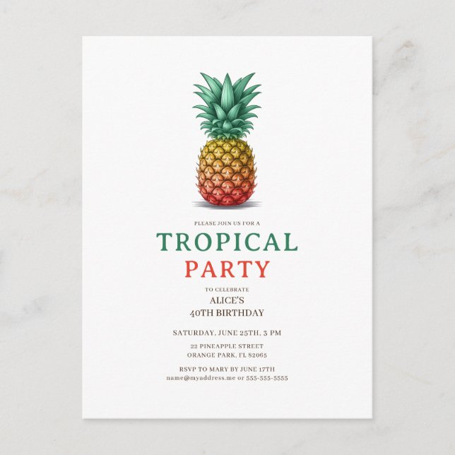 Fiesta Tropical con invitación de piña retro (Anverso)